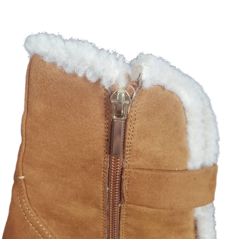 12 Thompson Tania Faux Shearling Multi Strap Buckle Chunky Heel Boots Tan 9 - Picture 11 of 14